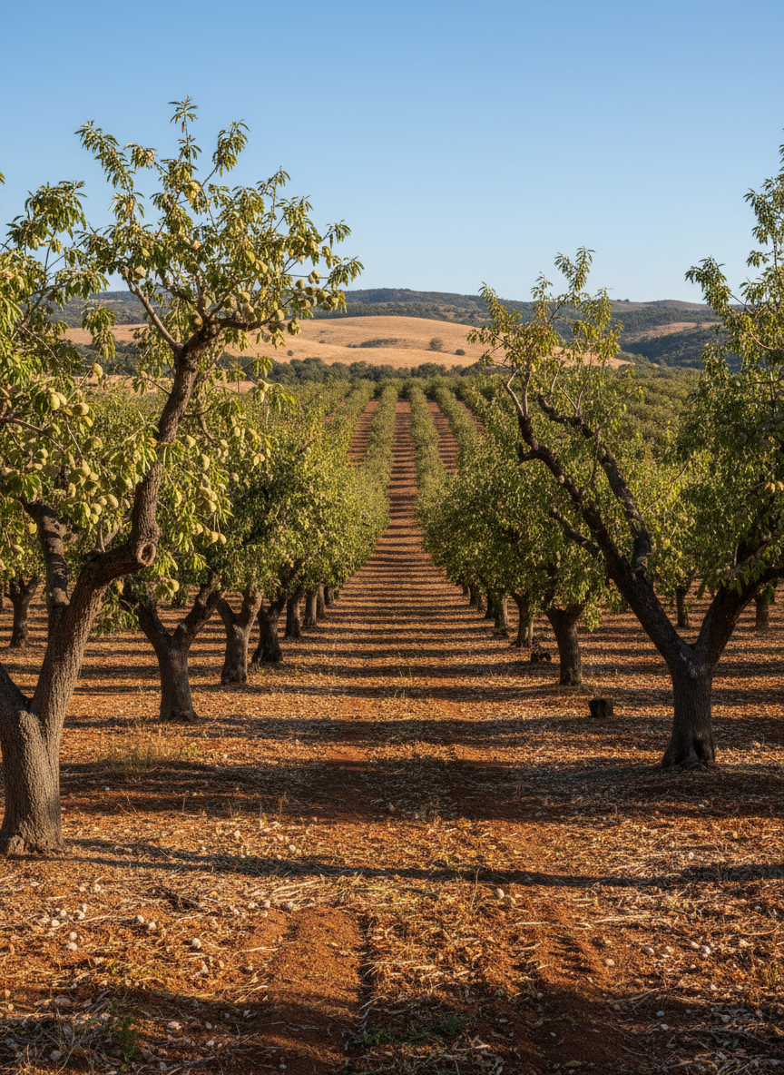 A wide photographic scene of a Mediterranean almond grove in late summer, with rows of robust almond trees bearing pale green husks, their twisting trunks and textured bark clearly visible. The ground is a mix of dry soil and scattered almond shells, conveying an honest connection to the territory. In the distance, low rolling hills and a clear blue sky frame the landscape. Soft golden-hour sunlight bathes the grove, casting long, gentle shadows between the rows. Captured from a slightly elevated angle with sharp focus throughout, the composition follows the lines of trees into the horizon, creating a serene, professional atmosphere that communicates respect for nature and local agriculture in realistic, natural colors.