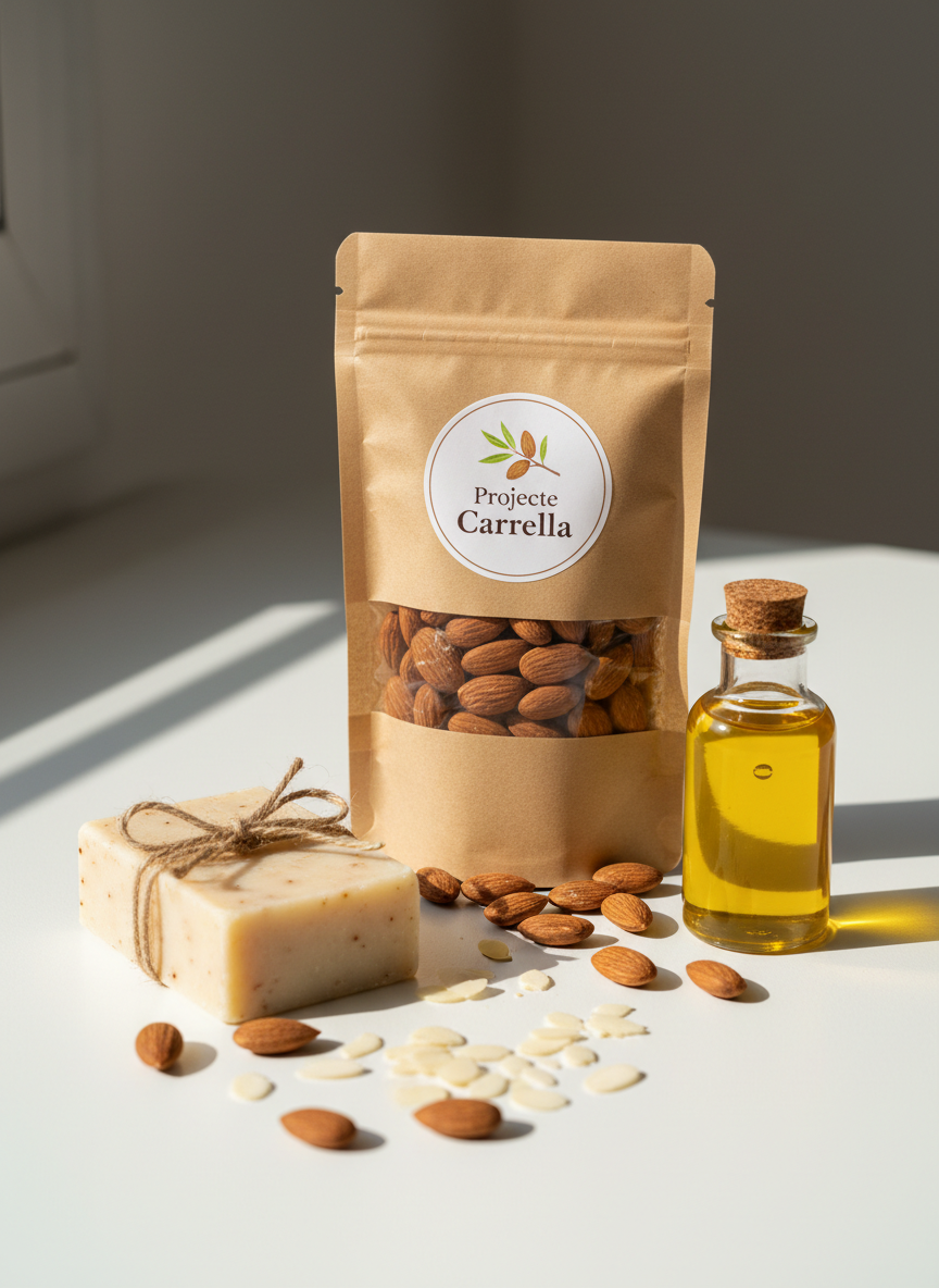 A neatly arranged still life of assorted almond-based products on a clean, matte white surface: a brown kraft-paper bag of whole almonds with a simple, elegant label reading “Projecte Carrella,” a small clear glass bottle of cold-pressed almond oil with a natural cork, and a bar of creamy, handmade almond soap tied with coarse twine. Whole and sliced almonds are sprinkled around, adding organic texture. The background fades into a soft, neutral blur. Diffused daylight from a nearby window creates gentle, even lighting, minimal shadows, and accurate, natural colors. Shot from a slightly elevated, three-quarter angle with balanced composition, the scene feels modern, professional, and trustworthy, emphasizing artisanal quality and natural ingredients through photographic realism.