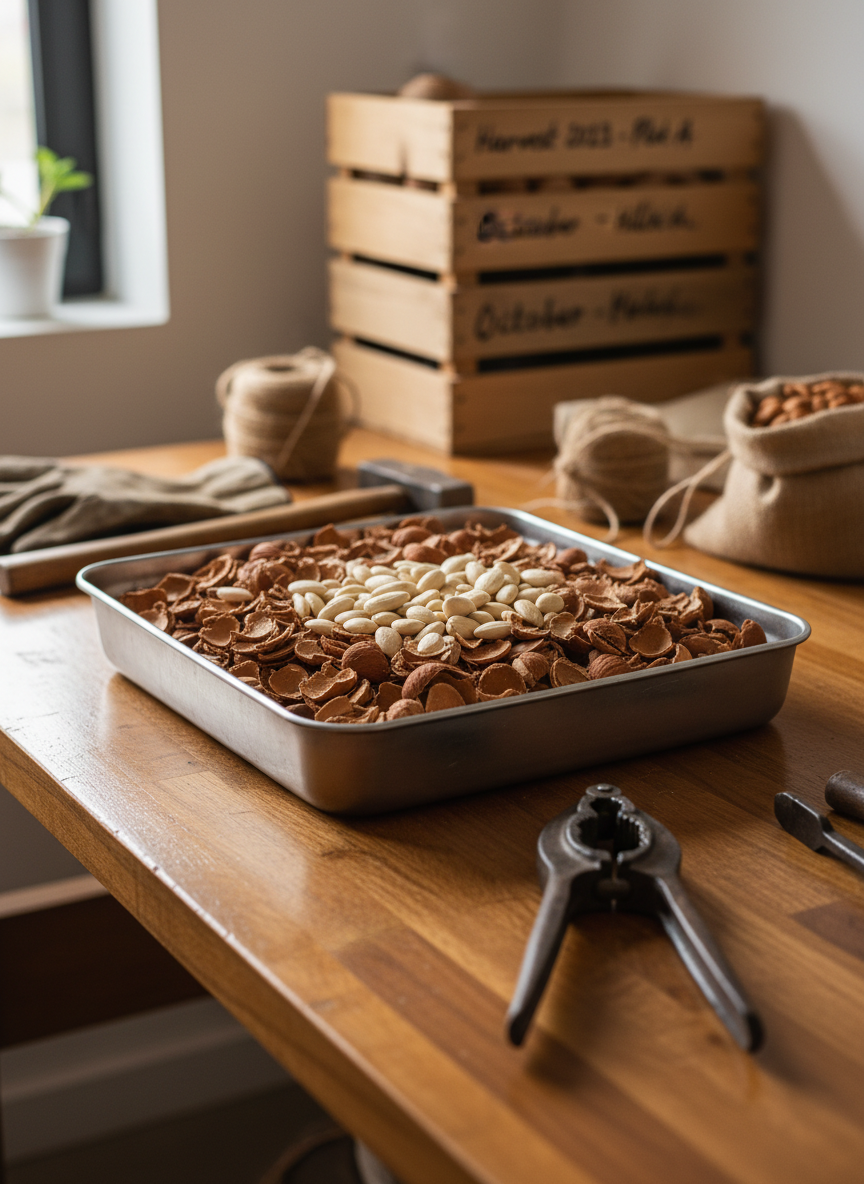 A close-up photographic view of a polished wooden workbench in a small family workshop, covered with tools and raw materials for processing almonds. A large, shallow metal tray holds freshly cracked almond shells, revealing smooth, ivory kernels beneath. Beside it, a traditional hand-operated nutcracker with a worn wooden handle shows subtle patina and use. The background reveals stacked wooden boxes marked with handwritten labels indicating harvest dates and plots, softly out of focus. Natural side light from an unseen window washes across the bench, emphasizing textures in the wood, metal, and nutshells, while casting gentle, directional shadows. Captured at a low, oblique angle with a shallow depth of field, the mood is quietly industrious and grounded, conveying craftsmanship and care within a clean yet rustic aesthetic.