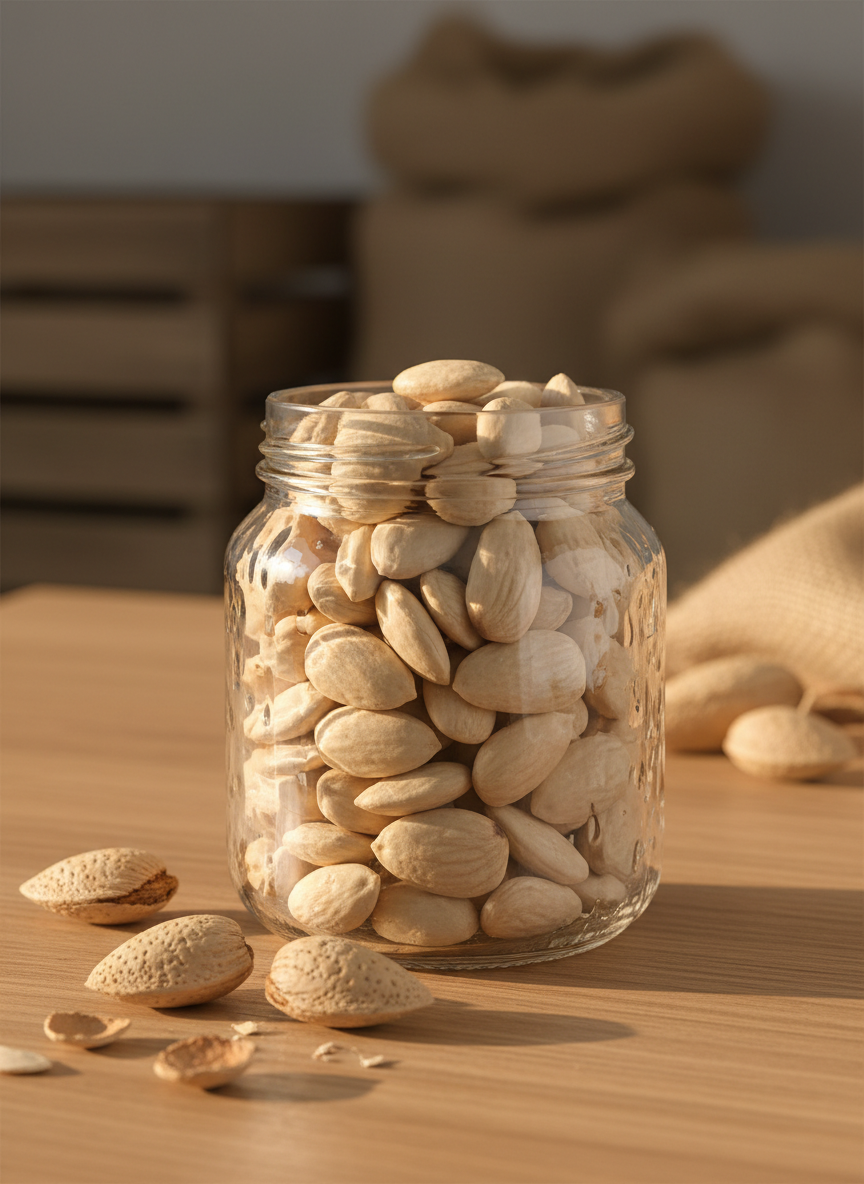 A close-up photographic image of a rustic glass jar filled with peeled Marcona-style almonds, each nut showing its natural cream color and subtle matte texture. The jar rests on a smooth, light oak wooden table scattered with a few whole almonds in their rough, sand-colored shells, revealing the transformation from shell to product. In the softly blurred background, wooden crates and burlap sacks suggest a small local warehouse. Warm late-afternoon natural light enters from the right, creating gentle highlights on the glass and soft shadows along the table. Shot at eye level with a shallow depth of field, the composition feels calm, professional, and authentic, emphasizing quality and proximity to the land in a clean, photographic realism style.