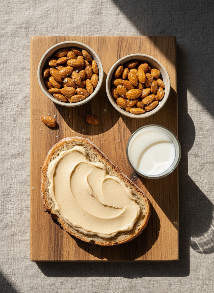 A top-down photographic view of a beautifully arranged tasting board featuring multiple almond-based creations from Projecte Carrella: a small bowl of roasted salted almonds, another with lightly honey-glazed almonds, a slice of rustic bread spread with almond cream, and a small glass of almond milk with a smooth, opaque texture. The board is made of warm, knotty wood, resting on a linen table runner in earthy beige tones. Natural midday light from a nearby window illuminates the scene evenly, with soft, realistic shadows and rich, natural colors. The composition is carefully balanced, with negative space around the board to keep the mood calm and sophisticated, highlighting variety, proximity, and quality in a clean, appetizing, and professional photographic style.