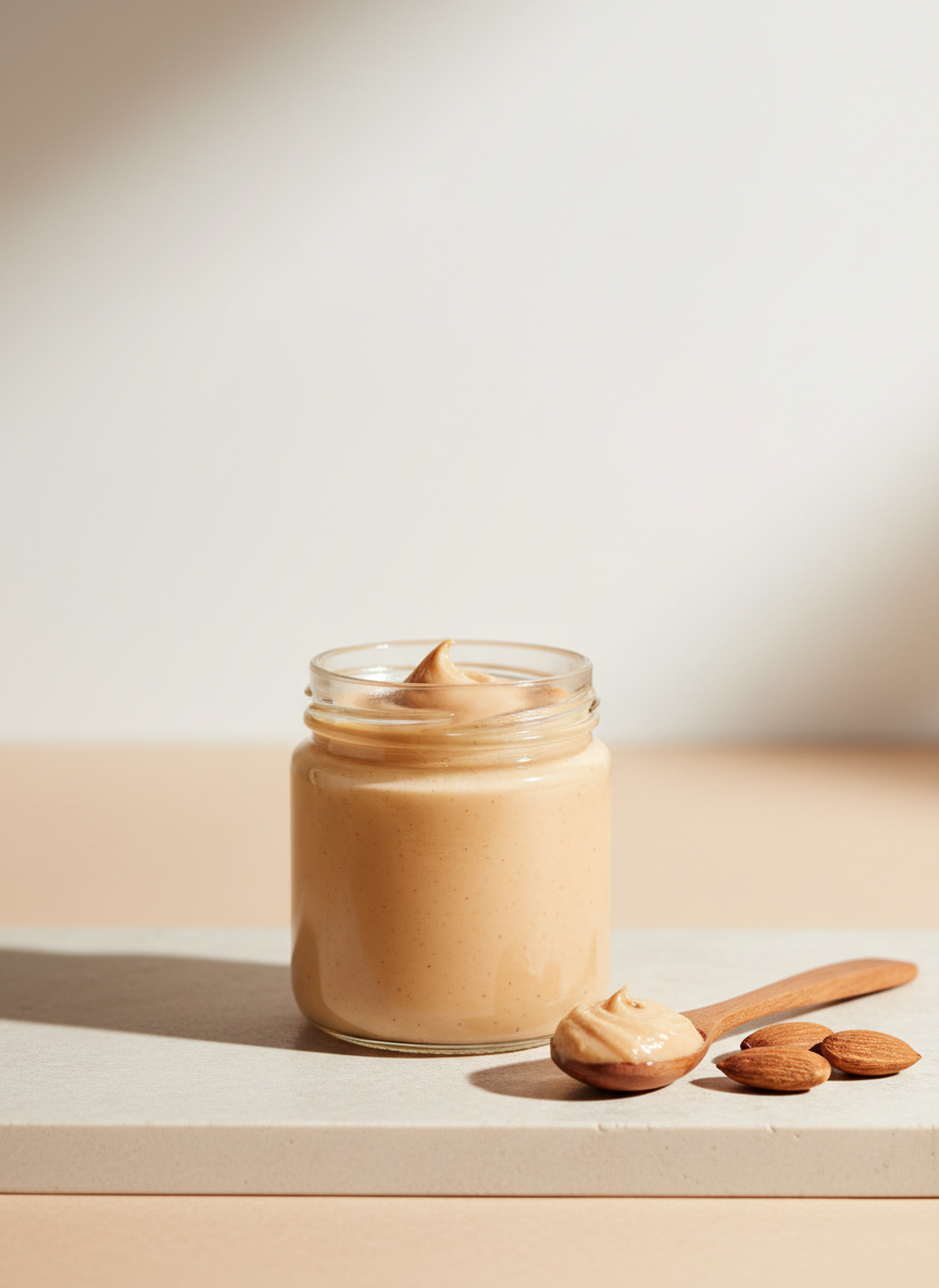A minimalist photographic composition of a single, beautifully presented almond spread in a small, clear glass jar, its creamy, slightly textured surface visible through the sides. The jar sits centered on a smooth, pale stone slab, with a few whole almonds and a delicate swirl of the spread on a small wooden tasting spoon beside it. The background is a soft, warm off-white gradient with no distractions. Gentle, diffused natural light from above and slightly to the left creates subtle highlights on the glass and smooth, soft shadows beneath the objects. Shot at eye level with a shallow depth of field and a rule-of-thirds composition, the image feels refined, contemporary, and professional, emphasizing purity, quality, and the natural origin of the product.